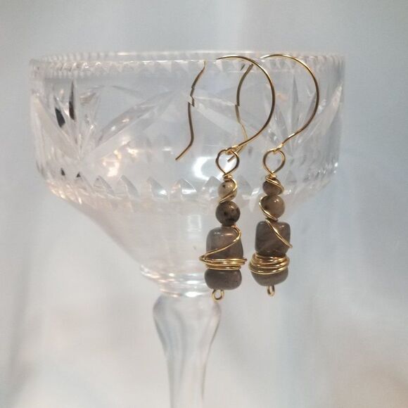 Labradorite Gold Copper Wire Wrapped Drop Earrings - Picture 1 of 7